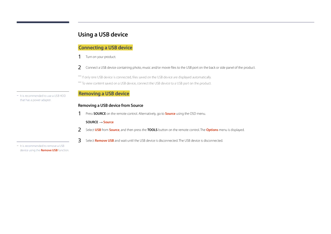 Samsung LH22DBDPSGC/CH manual Using a USB device, Connecting a USB device, Removing a USB device, Turn on your product 