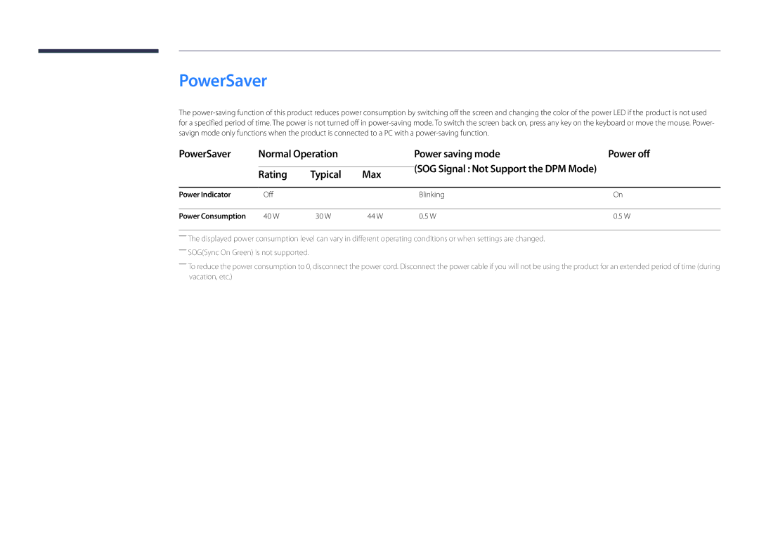 Samsung LH22DBDPSGC/EN PowerSaver Normal Operation Power saving mode Power off, Rating Typical Max, Power Indicator 