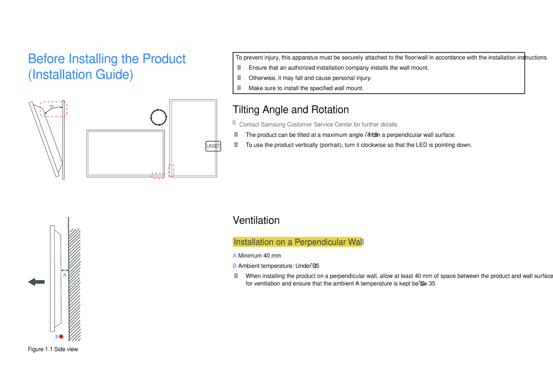 Samsung LH22DBDPSGC/CH, LH22DBDPSGC/EN manual Tilting Angle and Rotation, Ventilation, Installation on a Perpendicular Wall 