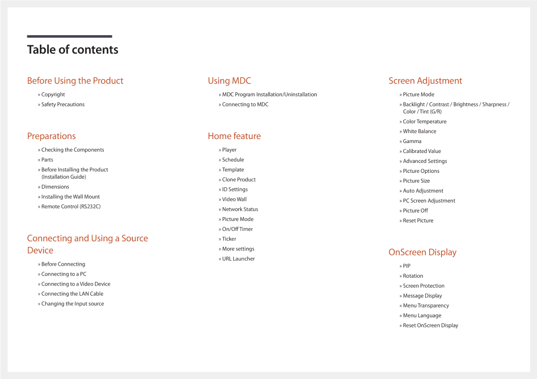 Samsung LH22DBDPSGC/UE, LH22DBDPSGC/EN, LH22DBDPSGC/NG, LH22DBDPSGC/XY, LH22DBDPSGC/CH manual Table of contents 