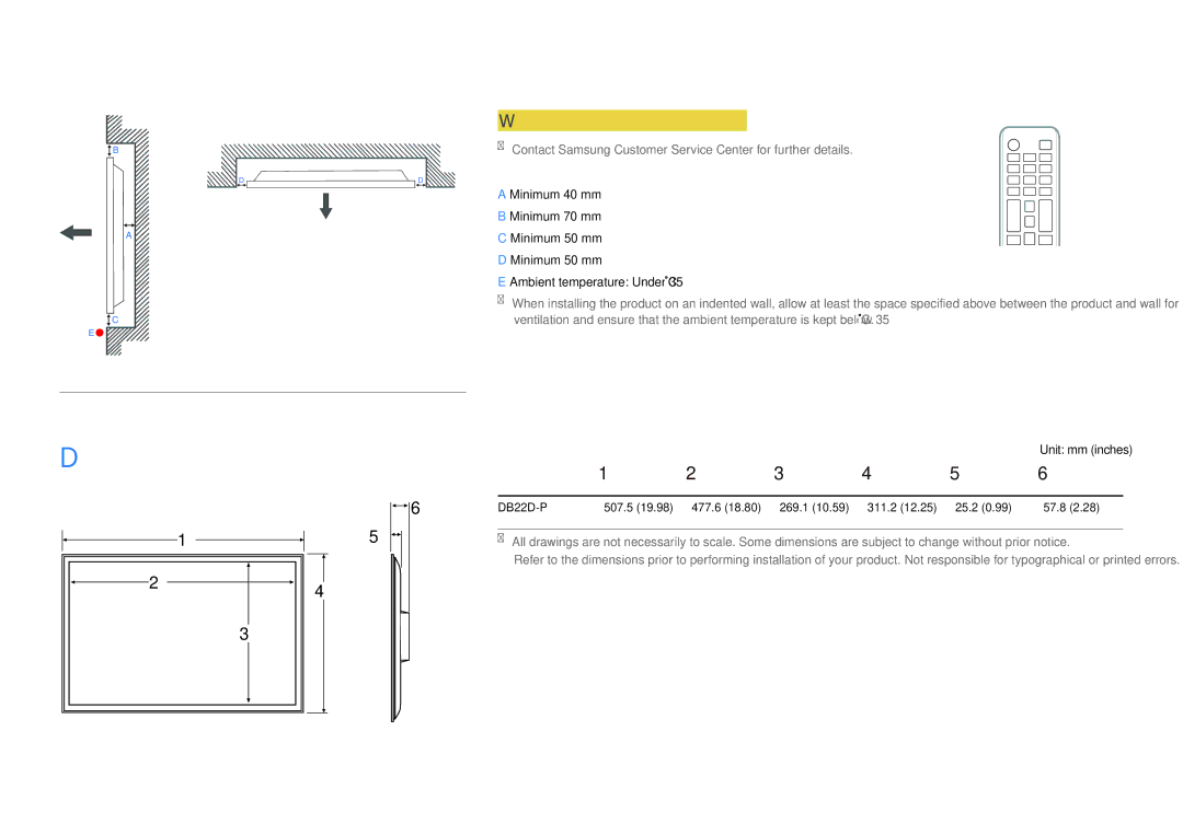 Samsung LH22DBDPSGC/EN, LH22DBDPSGC/NG, LH22DBDPSGC/UE manual Dimensions, Installation on an Indented Wall, Plane view 