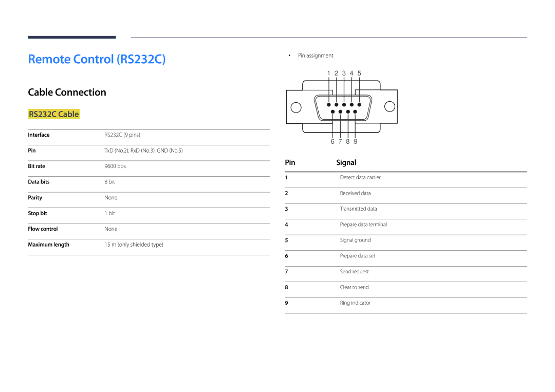 Samsung LH22DBDPSGC/UE, LH22DBDPSGC/EN Remote Control RS232C, Cable Connection, RS232C Cable, Pin Signal, Pin assignment 