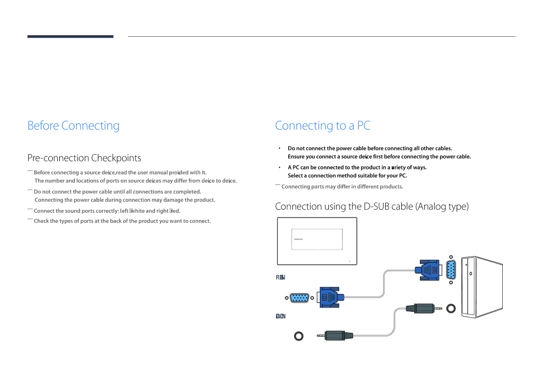 Samsung LH22DBDPSGC/EN, LH22DBDPSGC/NG manual Connecting and Using a Source Device, Before Connecting, Connecting to a PC 