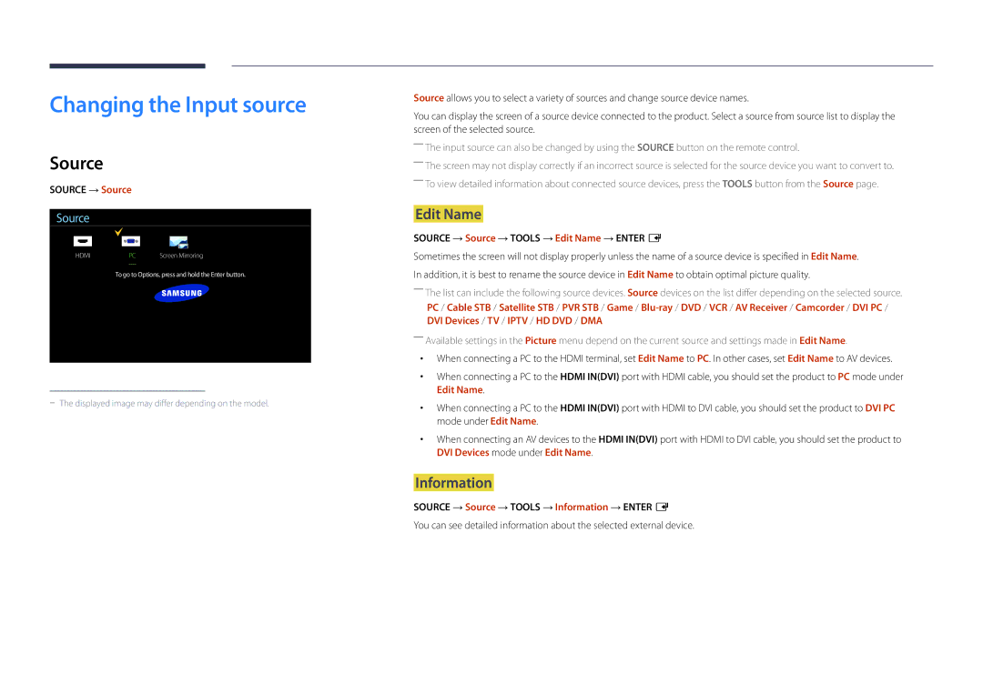 Samsung LH22DBDPSGC/CH, LH22DBDPSGC/EN, LH22DBDPSGC/NG manual Changing the Input source, Source, Edit Name, Information 