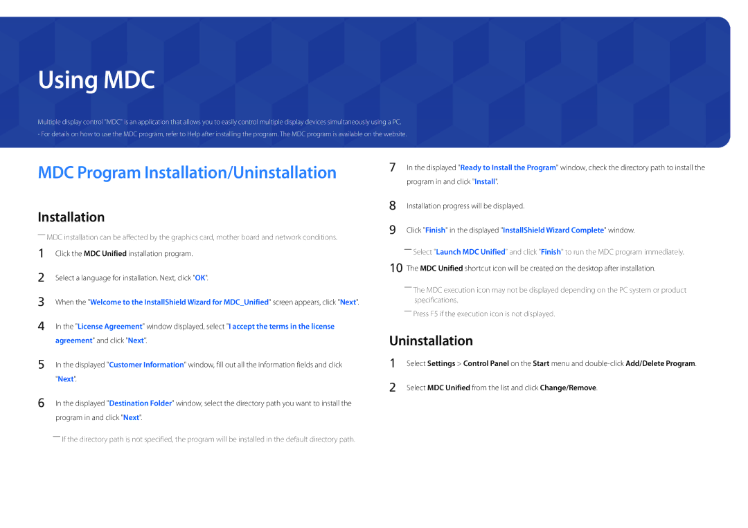 Samsung LH22DBDPSGC/EN, LH22DBDPSGC/NG, LH22DBDPSGC/UE, LH22DBDPSGC/XY, LH22DBDPSGC/CH manual Using MDC, Uninstallation 