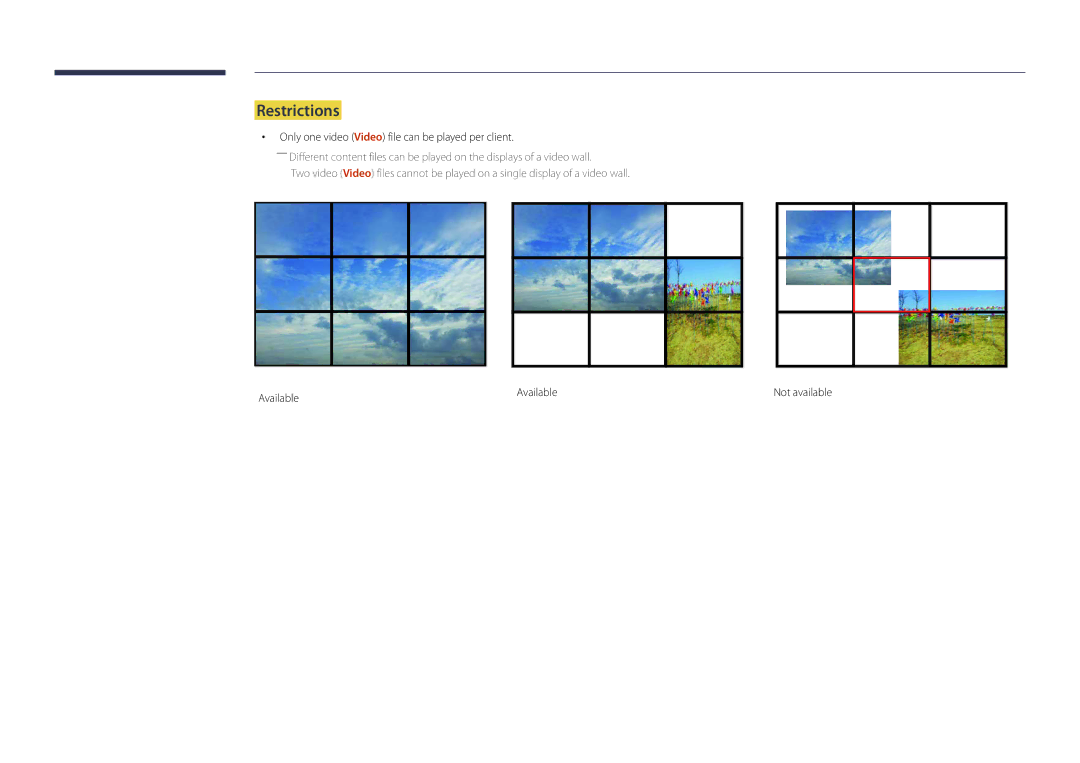 Samsung LH22DBDPSGC/XY manual Restrictions, Only one video Video file can be played per client, Available, Not available 