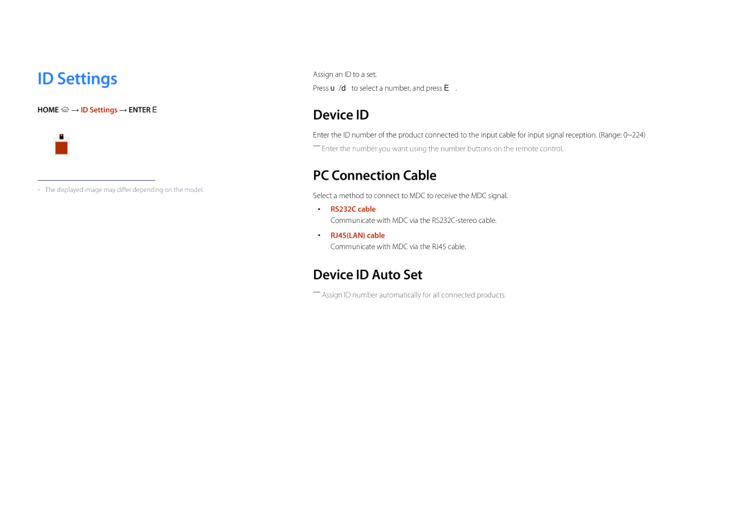 Samsung LH22DBDPSGC/EN, LH22DBDPSGC/NG, LH22DBDPSGC/UE manual ID Settings, PC Connection Cable, Device ID Auto Set 