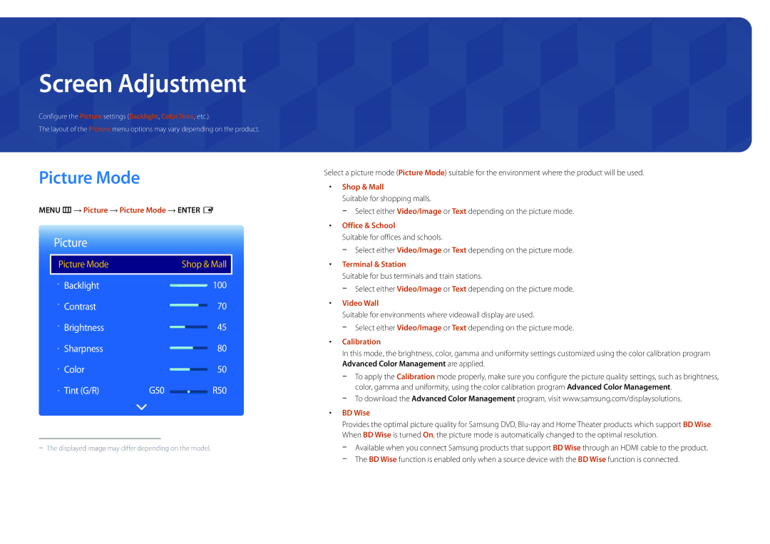 Samsung LH22DBDPSGC/XY, LH22DBDPSGC/EN, LH22DBDPSGC/NG Screen Adjustment, Menu m → Picture → Picture Mode → Enter E 