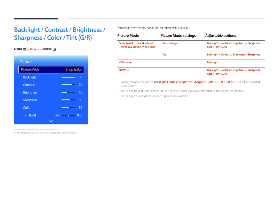 Samsung LH22DBDPSGC/CH, LH22DBDPSGC/EN Picture Mode Picture Mode settings Adjustable options, Menu m → Picture → Enter E 