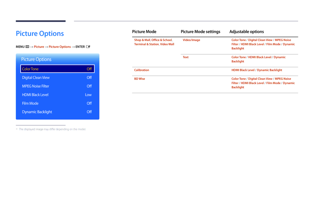 Samsung LH22DBDPSGC/EN, LH22DBDPSGC/NG manual Picture Options, Digital Clean View Off Mpeg Noise Filter Hdmi Black Level 