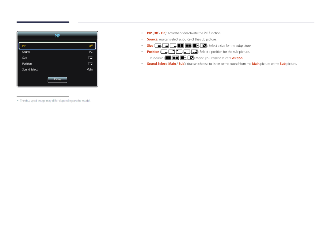 Samsung LH22DBDPSGC/CH, LH22DBDPSGC/EN, LH22DBDPSGC/NG, LH22DBDPSGC/UE, LH22DBDPSGC/XY manual Pip 