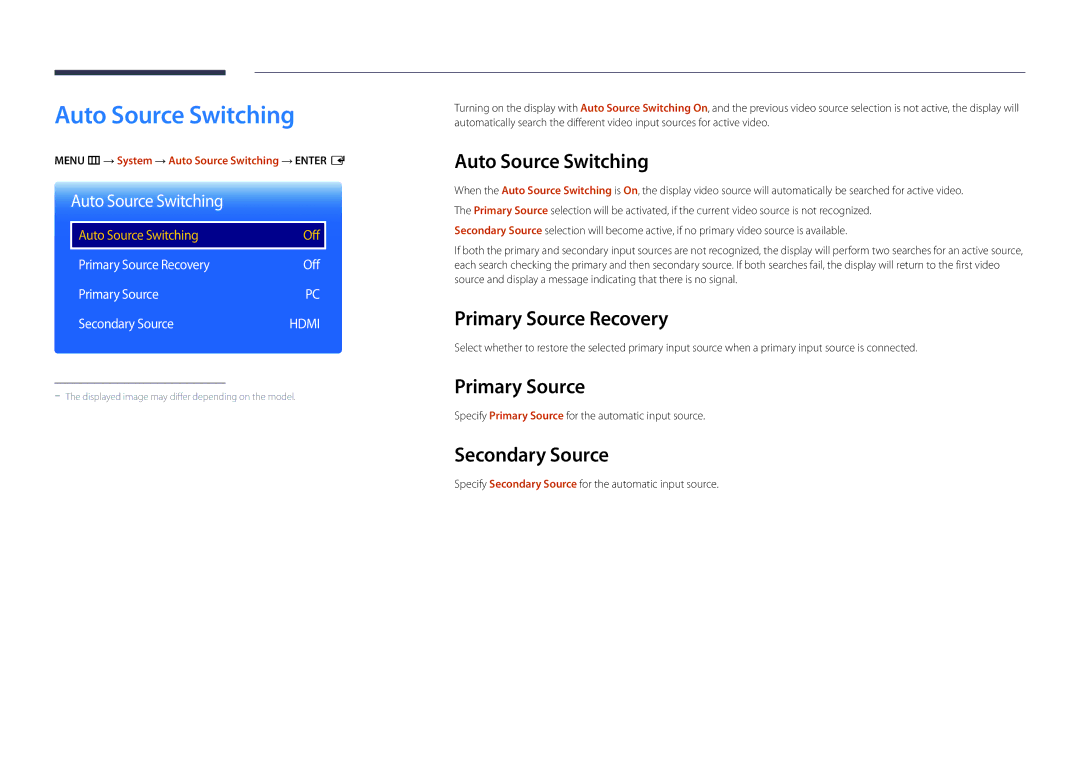 Samsung LH22DBDPSGC/UE, LH22DBDPSGC/EN, LH22DBDPSGC/NG Auto Source Switching, Primary Source Recovery, Secondary Source 