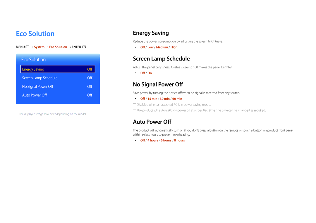 Samsung LH22DBDPSGC/EN manual Eco Solution, Energy Saving, Screen Lamp Schedule, No Signal Power Off, Auto Power Off 