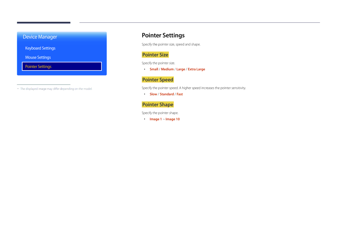 Samsung LH22DBDPSGC/CH Pointer Settings, Pointer Size, Pointer Speed, Pointer Shape, Keyboard Settings Mouse Settings 