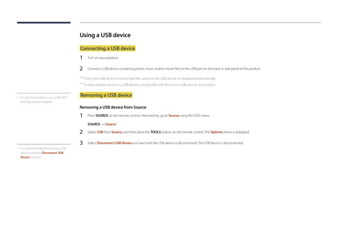 Samsung LH22DBDPSGC/CH manual Using a USB device, Connecting a USB device, Removing a USB device, Turn on your product 