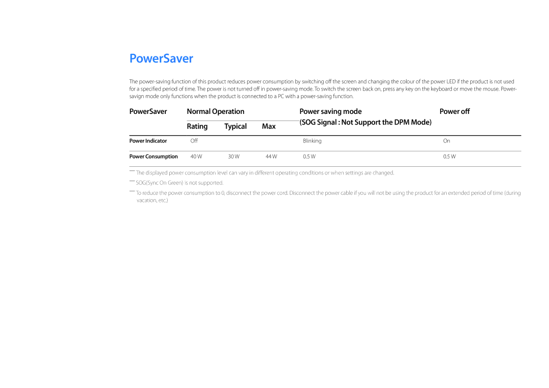 Samsung LH22DBDPSGC/EN PowerSaver Normal Operation Power saving mode Power off, Rating Typical Max, Power Indicator 