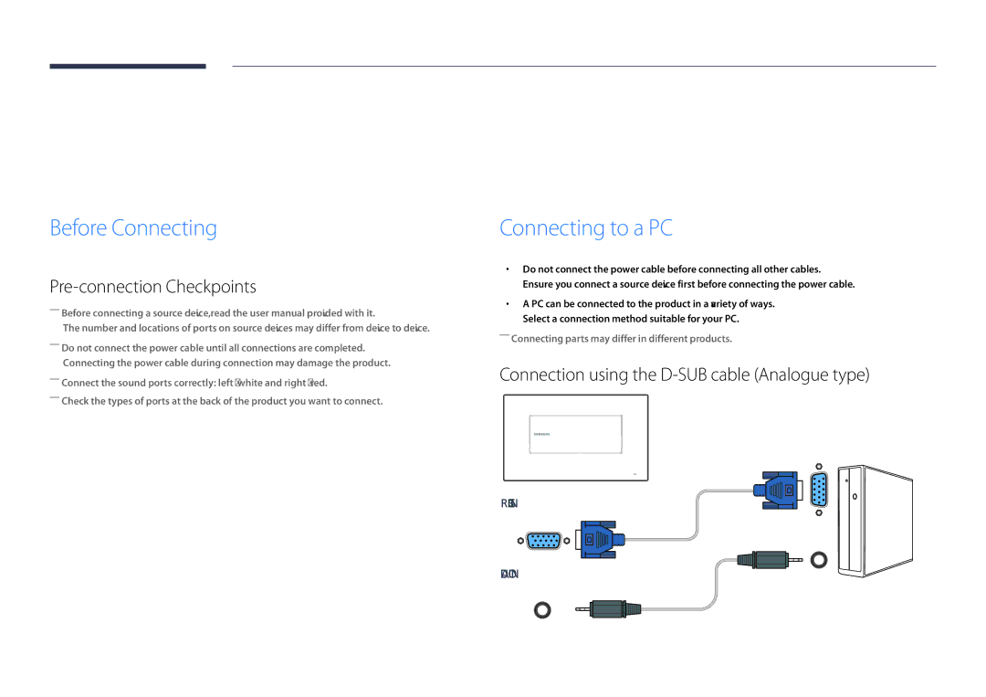 Samsung LH22DBDPSGC/EN, LH22DBDPSGC/NG manual Connecting and Using a Source Device, Before Connecting, Connecting to a PC 