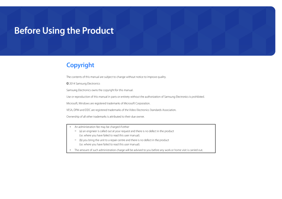 Samsung LH22DBDPSGC/CH, LH22DBDPSGC/EN, LH22DBDPSGC/NG, LH22DBDPSGC/UE, LH22DBDPSGC/XY Before Using the Product, Copyright 