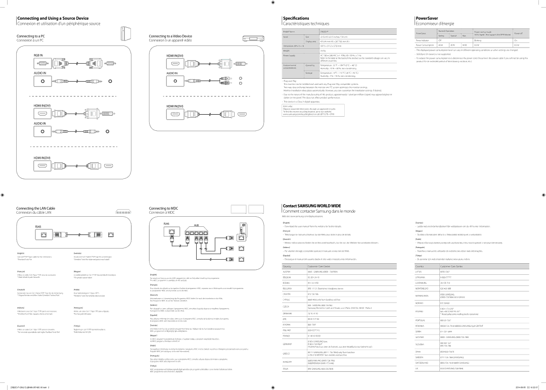 Samsung LH22DBDPSGC/CH manual Connecting and Using a Source Device, Specications, PowerSaver, Contact Samsungworldwide 