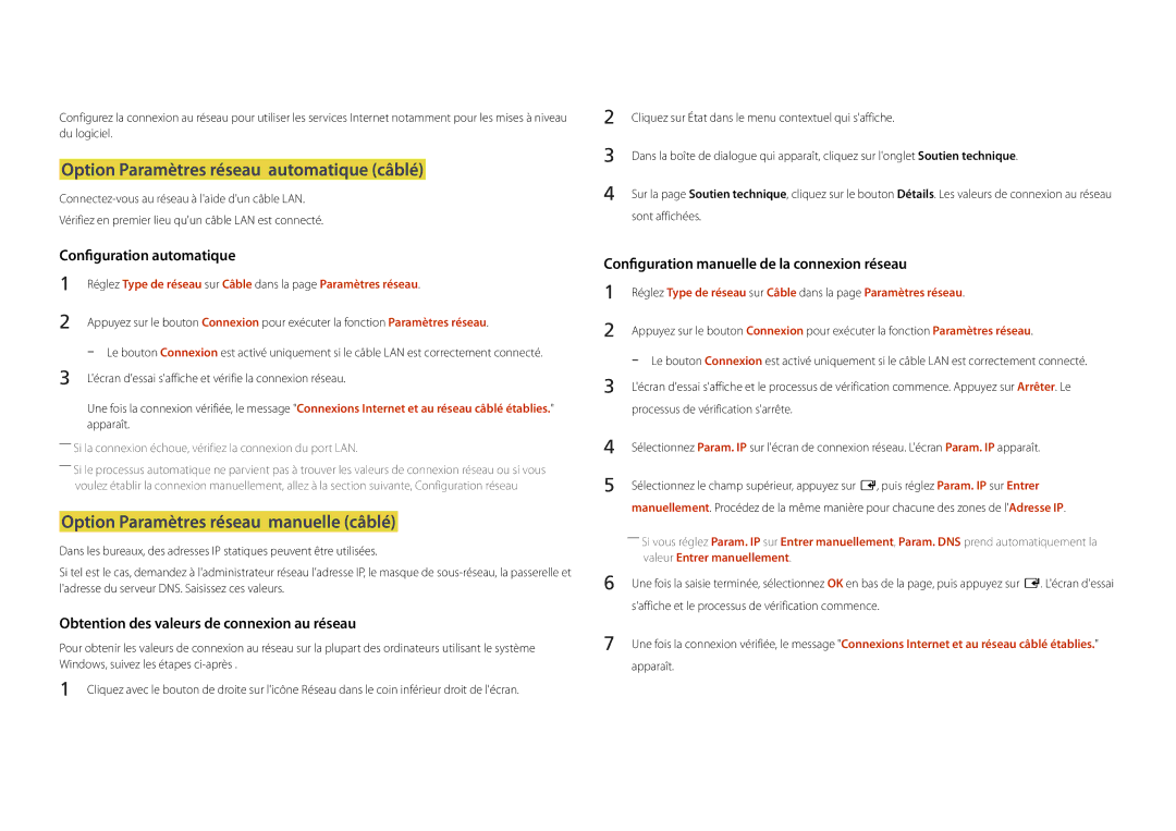 Samsung LH22DBDPSGC/EN manual Option Paramètres réseau automatique câblé, Option Paramètres réseau manuelle câblé 