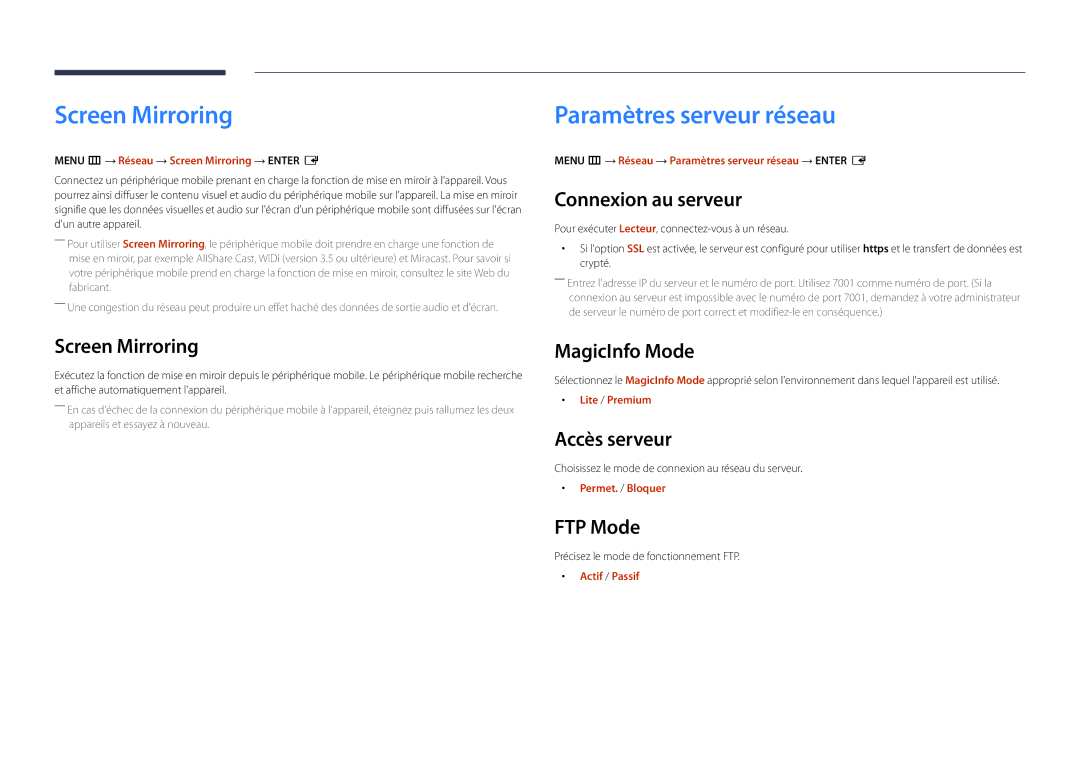 Samsung LH22DBDPSGC/EN manual Screen Mirroring, Paramètres serveur réseau 