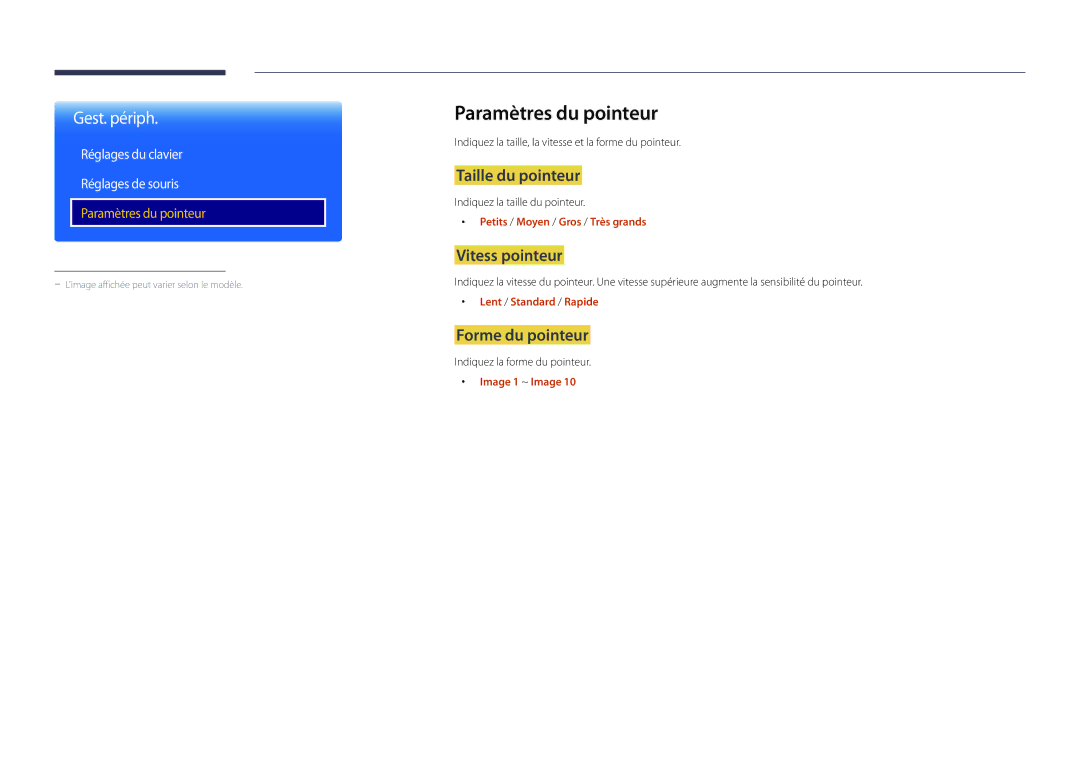 Samsung LH22DBDPSGC/EN manual Paramètres du pointeur, Taille du pointeur, Vitess pointeur, Forme du pointeur 