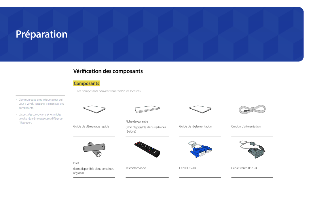 Samsung LH22DBDPSGC/EN manual Préparation, Vérification des composants, Composants, Régions 