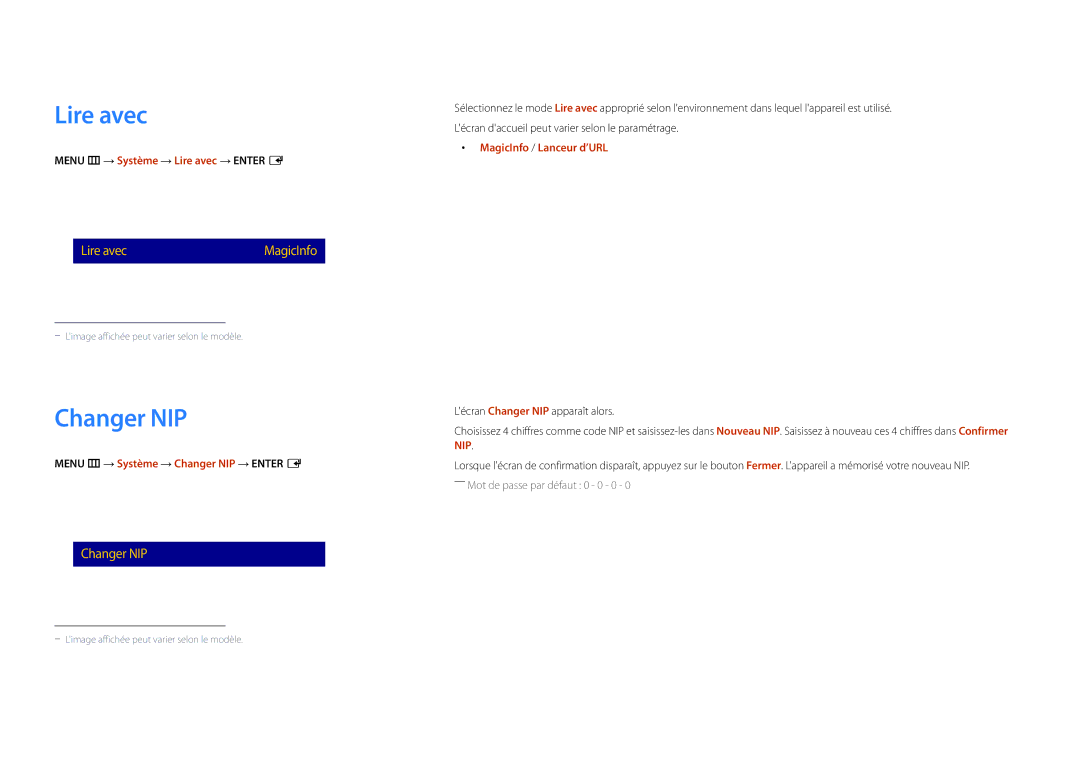 Samsung LH22DBDPSGC/EN manual Menu m → Système → Lire avec → Enter E, Menu m → Système → Changer NIP → Enter E 