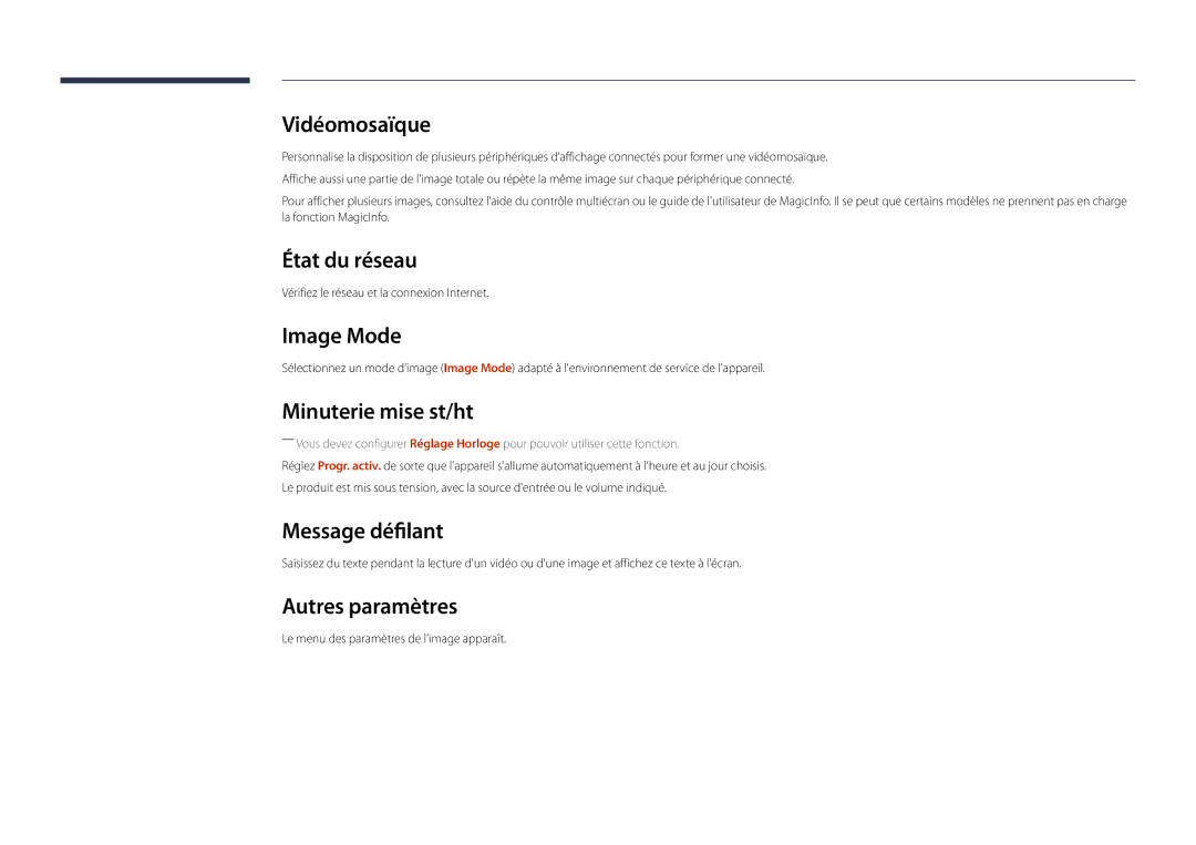 Samsung LH22DBDPSGC/EN manual État du réseau, Image Mode, Minuterie mise st/ht, Message défilant, Autres paramètres 