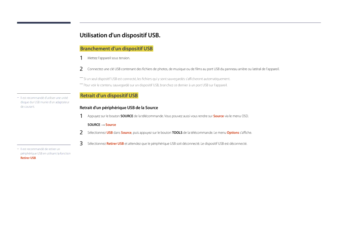 Samsung LH22DBDPSGC/EN manual Utilisation dun dispositif USB, Branchement d’un dispositif USB, Retrait d’un dispositif USB 