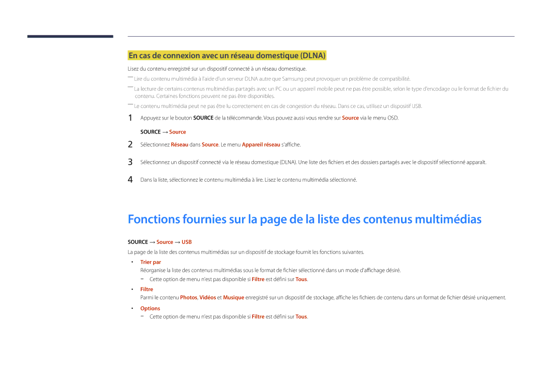 Samsung LH22DBDPSGC/EN manual En cas de connexion avec un réseau domestique Dlna, Source → Source → USB 