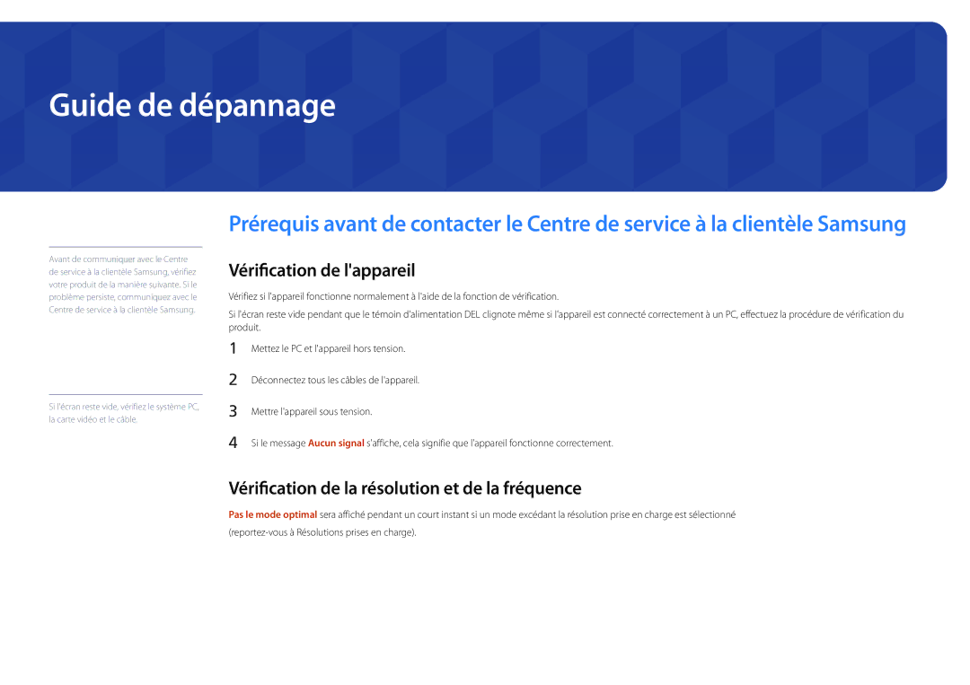 Samsung LH22DBDPSGC/EN Guide de dépannage, Vérification de lappareil, Vérification de la résolution et de la fréquence 