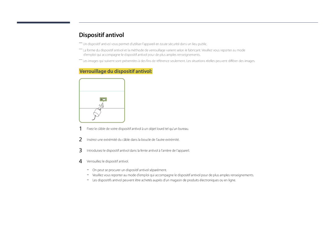 Samsung LH22DBDPSGC/EN manual Dispositif antivol, Verrouillage du dispositif antivol 