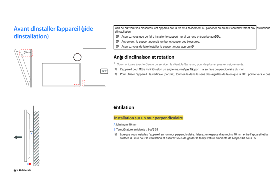 Samsung LH22DBDPSGC/EN manual Avant dinstaller lappareil guide dinstallation, Angle dinclinaison et rotation, Ventilation 