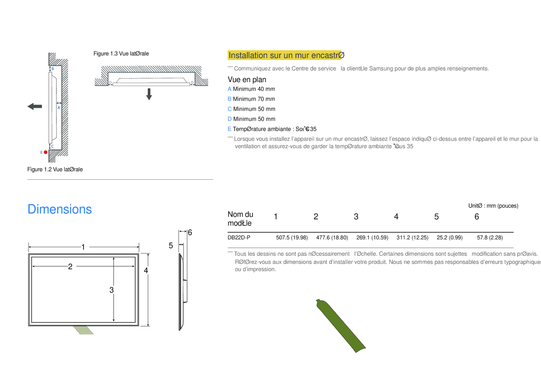 Samsung LH22DBDPSGC/EN manual Dimensions, Installation sur un mur encastré, Vue en plan, Nom du Modèle 