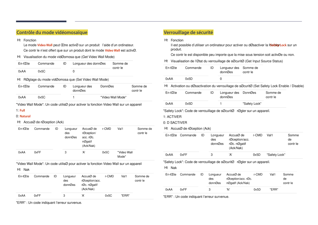 Samsung LH22DBDPSGC/EN manual Contrôle du mode vidéomosaïque, Verrouillage de sécurité, Full Natural 