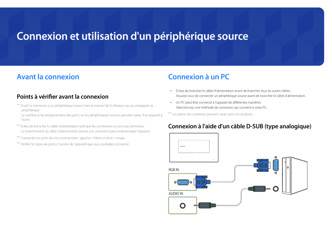 Samsung LH22DBDPSGC/EN manual Connexion et utilisation dun périphérique source, Avant la connexion 