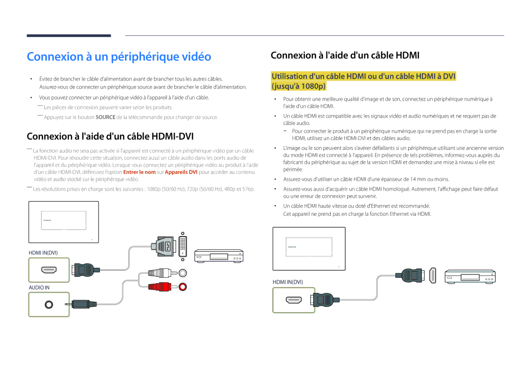 Samsung LH22DBDPSGC/EN manual Connexion à un périphérique vidéo, Connexion à laide dun câble Hdmi 