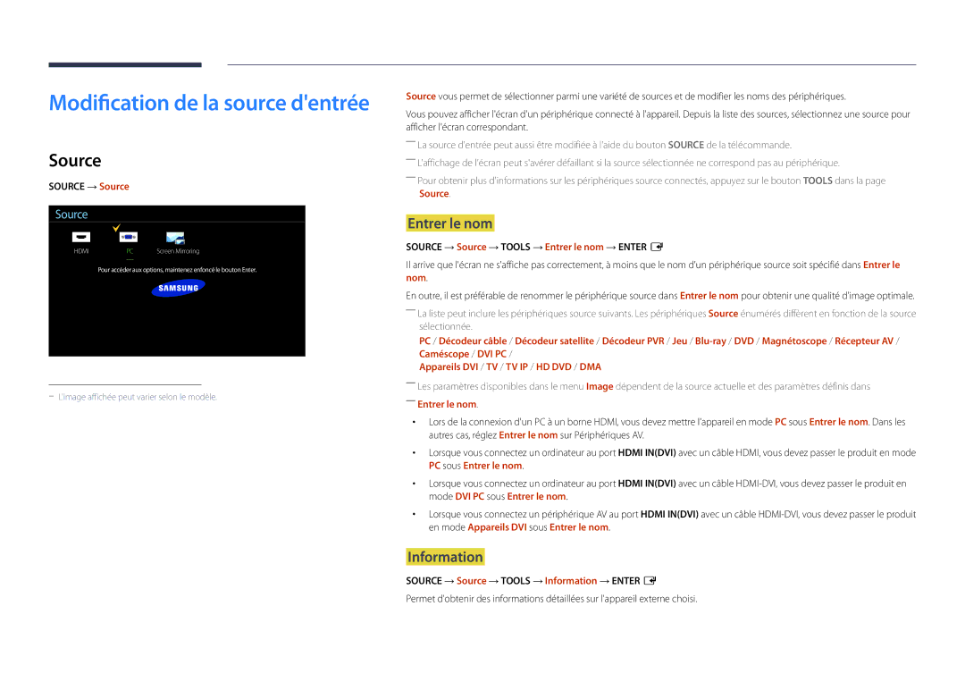 Samsung LH22DBDPSGC/EN manual Information, Source → Source → Tools → Entrer le nom → Enter E 