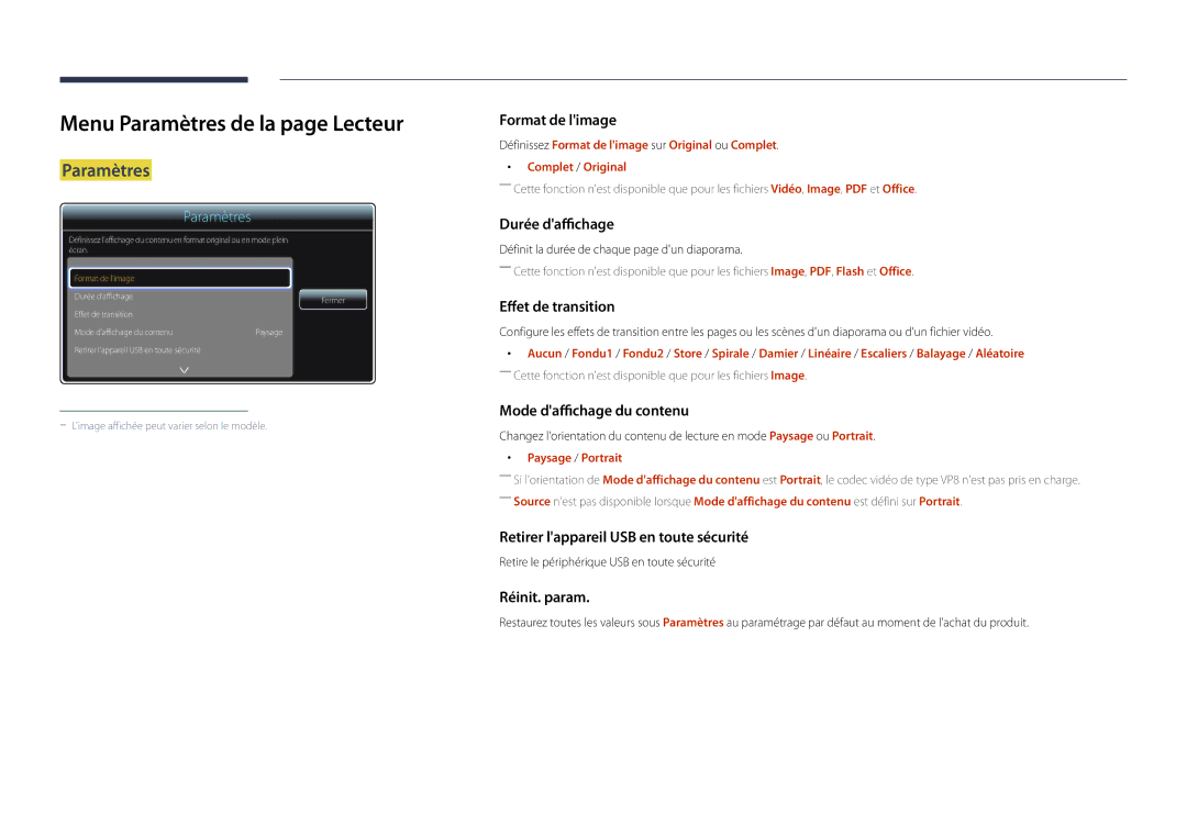 Samsung LH22DBDPSGC/EN manual Menu Paramètres de la page Lecteur 