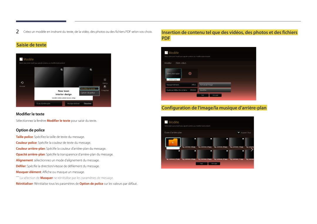 Samsung LH22DBDPSGC/EN manual Configuration de limage/la musique darrière-plan, Modifier le texte, Option de police 