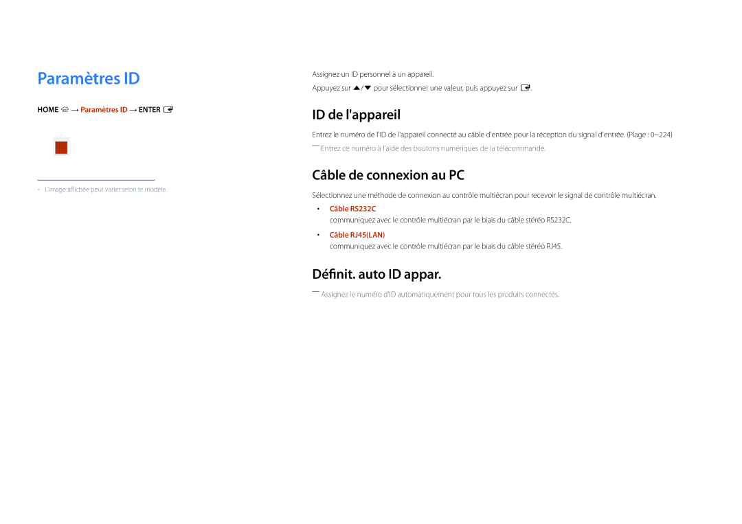 Samsung LH22DBDPSGC/EN manual Paramètres ID, ID de lappareil, Câble de connexion au PC, Définit. auto ID appar 