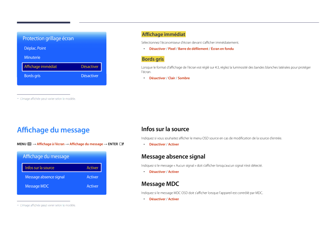 Samsung LH22DBDPSGC/EN manual Affichage du message, Infos sur la source, Message absence signal, Message MDC 