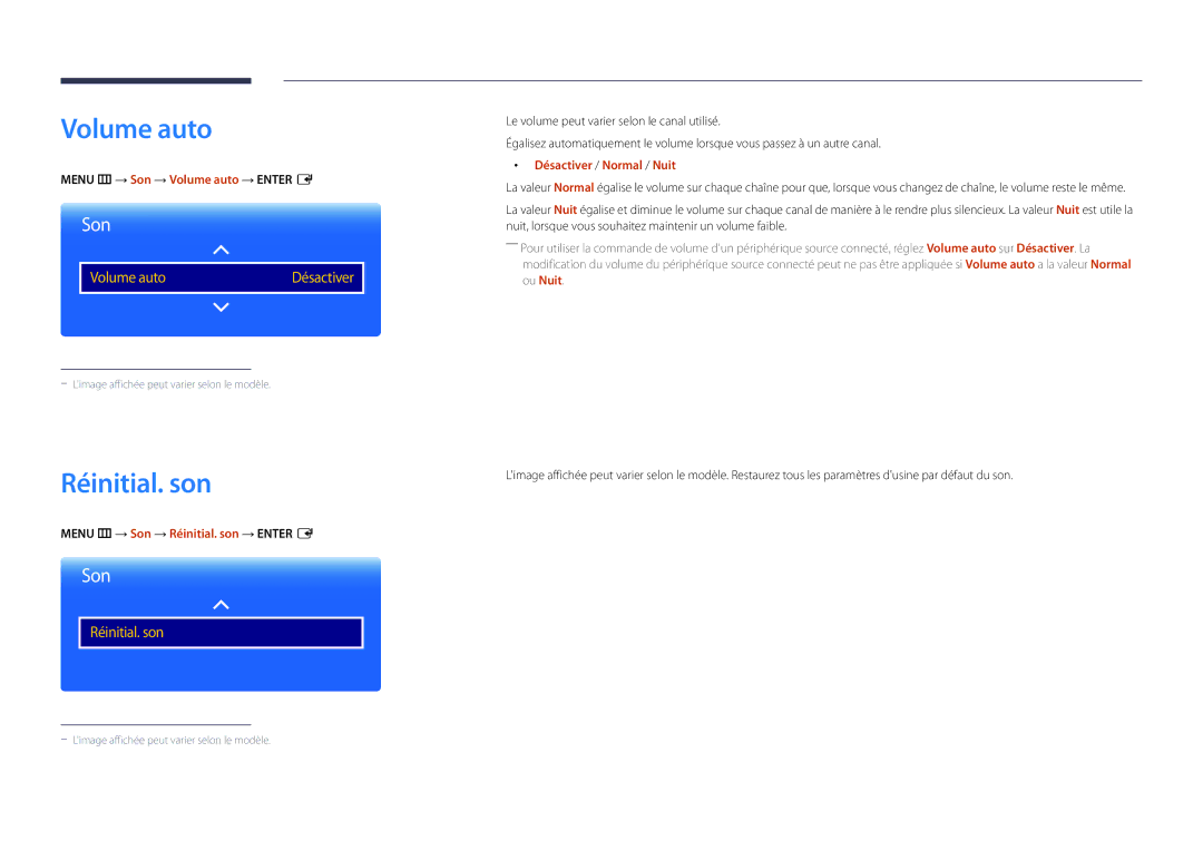 Samsung LH22DBDPSGC/EN manual Menu m → Son → Volume auto → Enter E, Menu m → Son → Réinitial. son → Enter E 