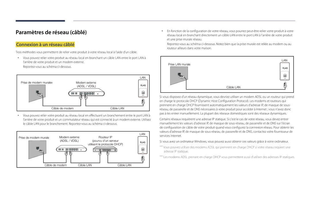 Samsung LH22DBDPSGC/EN manual Paramètres de réseau câblé, Connexion à un réseau câblé 