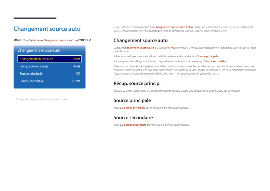 Samsung LH22DBDPSGC/EN manual Changement source auto, Récup. source princip, Source principale, Source secondaire 