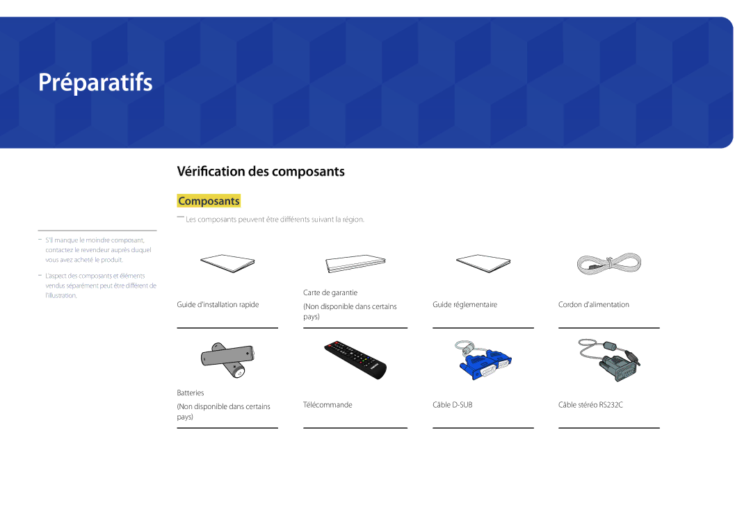 Samsung LH22DBDPSGC/EN manual Préparatifs, Vérification des composants, Composants, Pays 