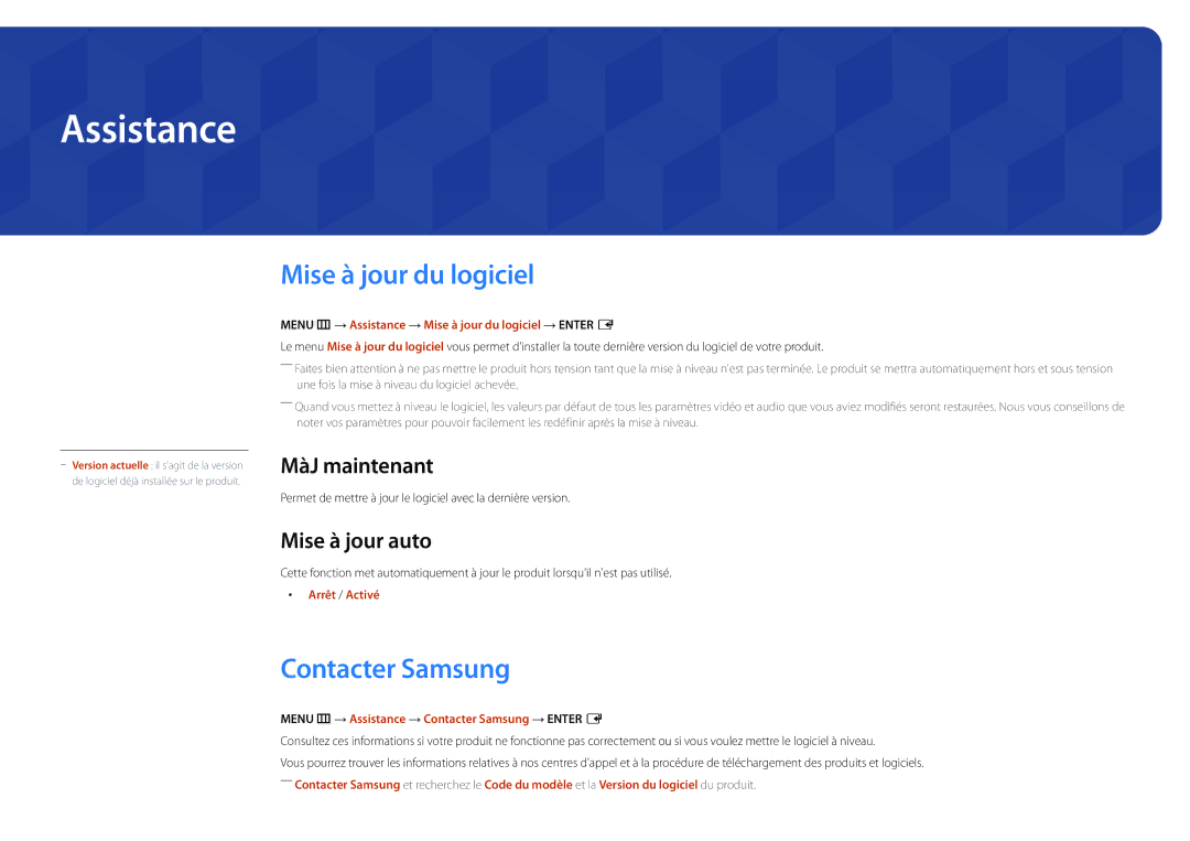 Samsung LH22DBDPSGC/EN manual Assistance, Mise à jour du logiciel, Contacter Samsung, MàJ maintenant, Mise à jour auto 