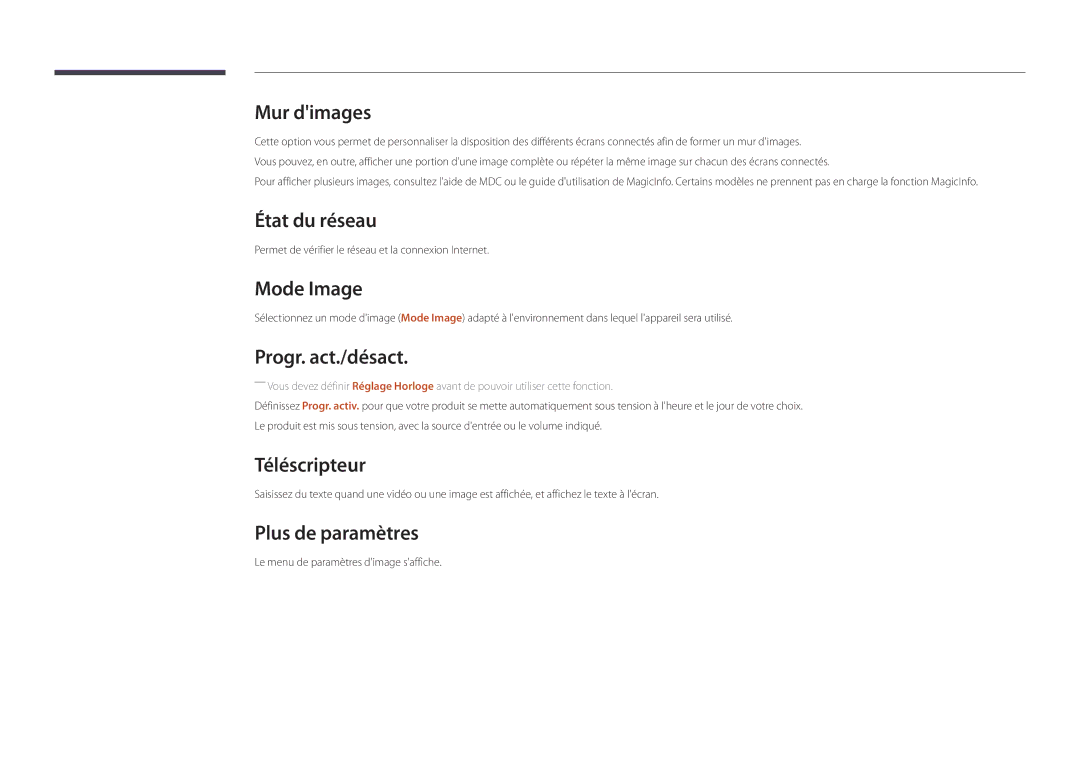 Samsung LH22DBDPSGC/EN manual État du réseau, Mode Image, Progr. act./désact, Téléscripteur, Plus de paramètres 