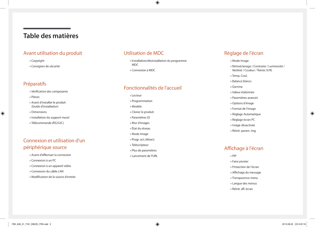 Samsung LH22DBDPSGC/EN manual Table des matières 